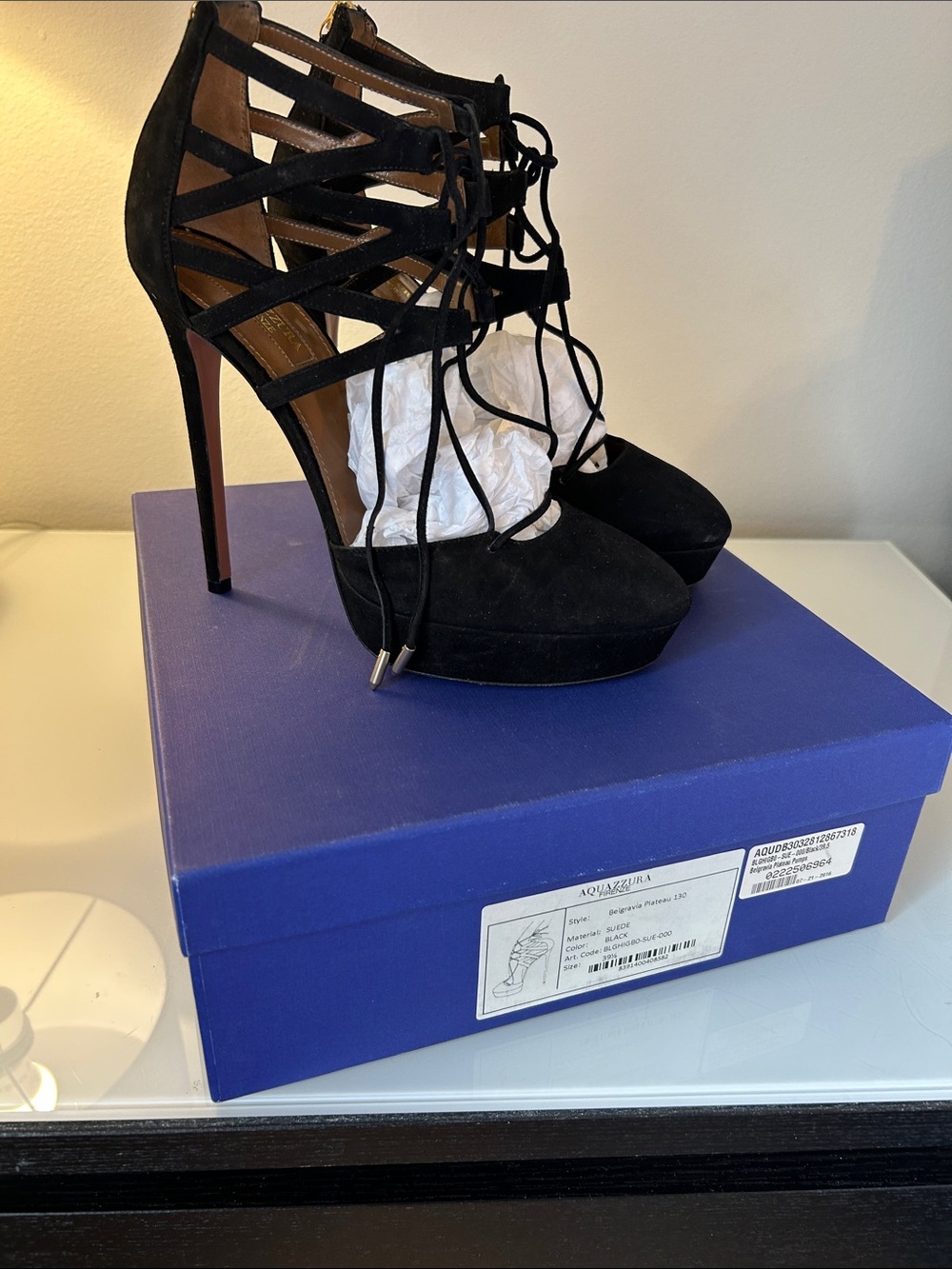 Aquazzura Black Suede Lace-Up Strappy Platform Heels